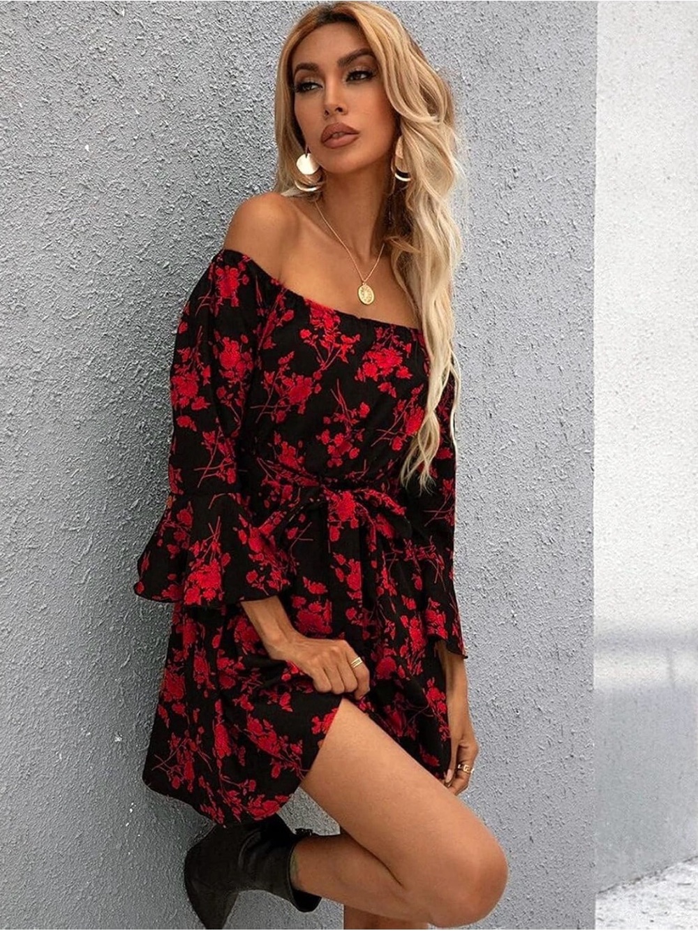 Off-Shoulder Black Dress with Red Floral Print